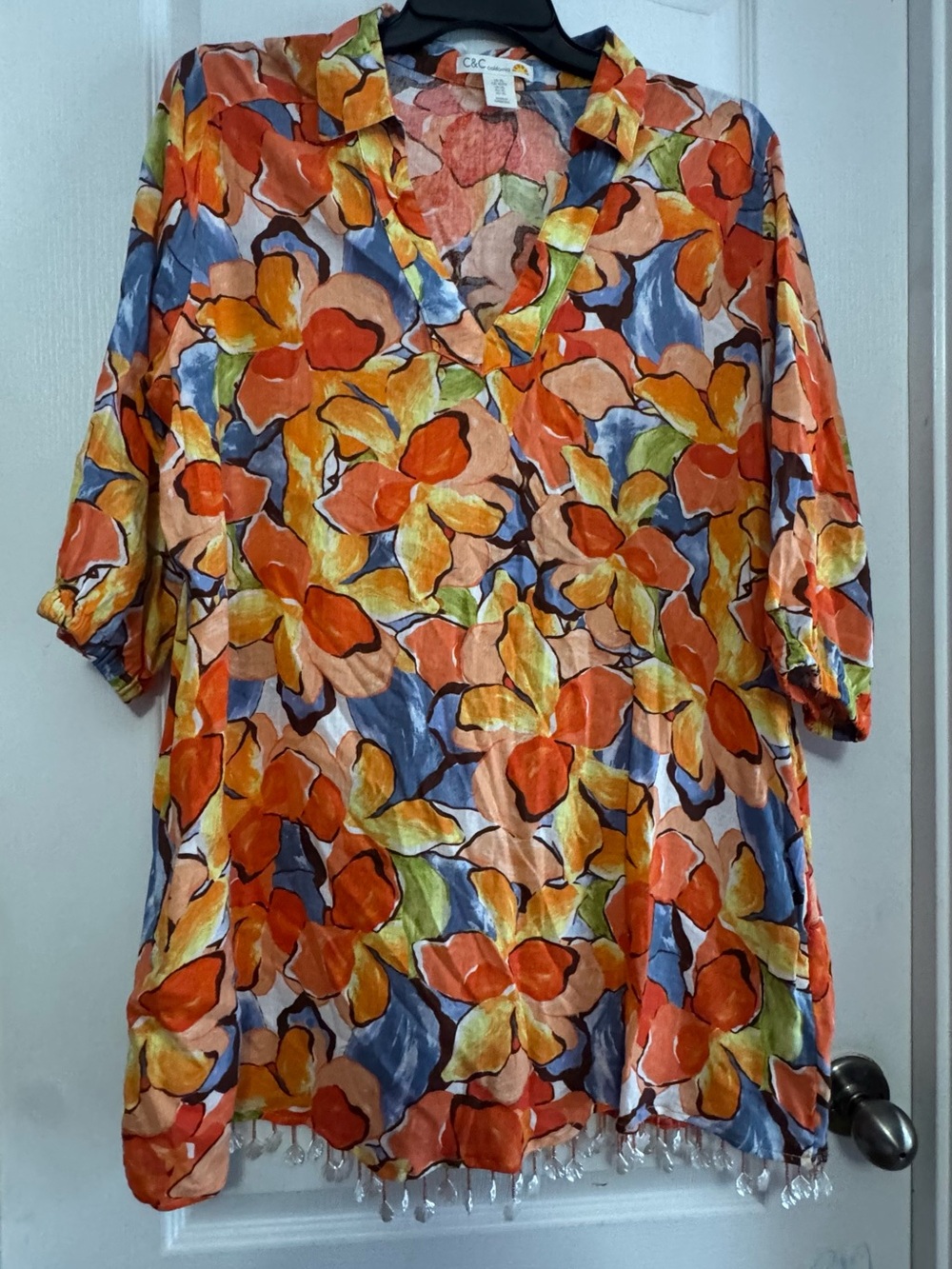 C&C California Multicolor Floral V-Neck Tunic with Beaded Hem